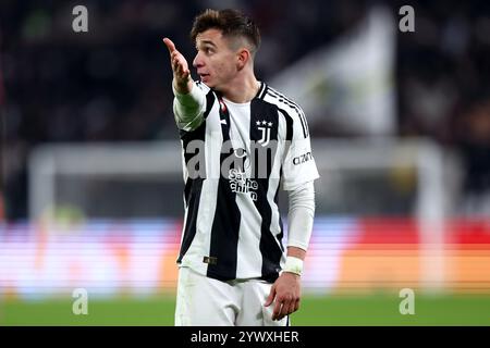 Torino, Italia. 11 dicembre 2024. Francisco Conceicao della Juventus FC gesti durante la partita di UEFA Champions League 2024-25 tra Juventus FC e Manchester City all'Allianz Stadium l'11 dicembre 2024 a Torino. Crediti: Marco Canoniero/Alamy Live News Foto Stock