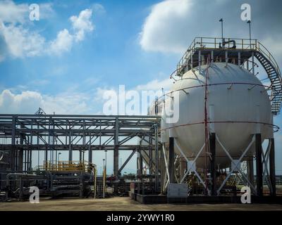 Un grande serbatoio di gas bianco è collocato su una piattaforma. Il serbatoio è circondato da una recinzione. Nell'area sono presenti diversi tubi e valvole Foto Stock