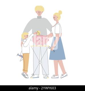 La famiglia con il bambino risparmia denaro per acquistare una nuova casa o un appartamento. Investimento, gestione finanziaria illustrazione vettoriale di cartoni animati piatti. Il ragazzo ha messo la moneta nel maialino Illustrazione Vettoriale