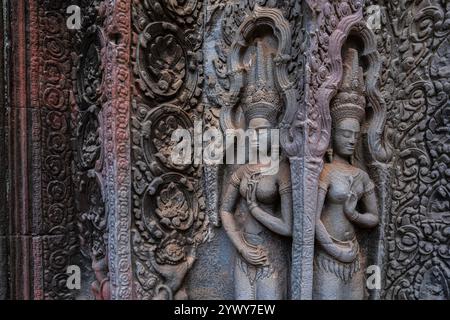 Cambodge, Cambogia, 2024-02-25, Siem Reap, Angkor Temple, Angkor VAT, Khmer, rovine, scultura, architettura, arte, bassorilievo, regno Khmer Foto Stock