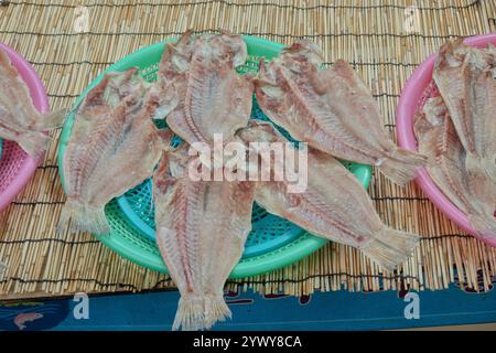 Pesce essiccato in vendita nel mercato di Seogwipo Olle, Seogwipo, Jeju, Corea del Sud Foto Stock