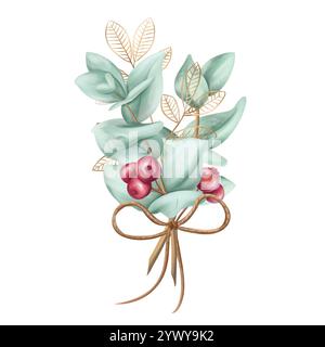 Un bouquet di ramoscelli di eucalipto, mirtilli rossi, foglie dorate. Decorazioni natalizie invernali realizzate con materiali biologici rinnovabili. Cristo sostenibile Foto Stock