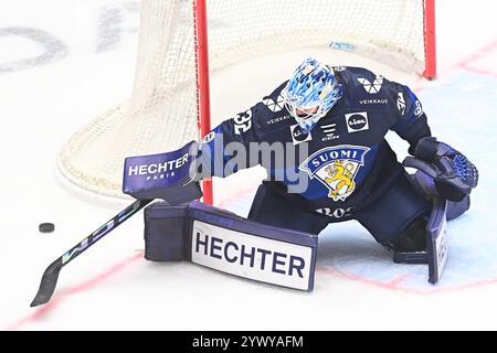 Pardubice, Repubblica Ceca. 12 dicembre 2024. Il portiere Emil Larmi (fin) in azione durante la partita tra Repubblica Ceca e Finlandia degli Swiss Hockey Games, parte dell'Euro Hockey Tour, a Pardubice, Repubblica Ceca, 12 dicembre 2024. Crediti: Josef Vostarek/CTK Photo/Alamy Live News Foto Stock