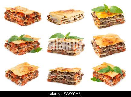 Set di deliziose lasagne isolate su bianco Foto Stock