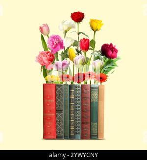 Libri chiusi con bellissimi fiori tra le pagine su sfondo beige Foto Stock