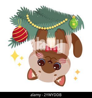 Giocoso gatto siamese appeso al rovescio da un albero di Natale decorato. Simpatica illustrazione vettoriale Illustrazione Vettoriale