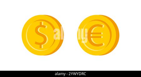 Set di icone vettoriali di moneta d'oro in stile piatto. Dollaro ed euro. Soldi. Illustrazione Vettoriale