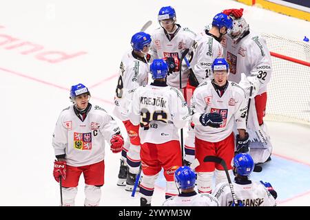 Pardubice, Repubblica Ceca. 12 dicembre 2024. I giocatori cechi festeggiano un gol durante la partita tra Repubblica Ceca e Finlandia degli Swiss Hockey Games, parte dell'Euro Hockey Tour, a Pardubice, Repubblica Ceca, 12 dicembre 2024. Crediti: Josef Vostarek/CTK Photo/Alamy Live News Foto Stock