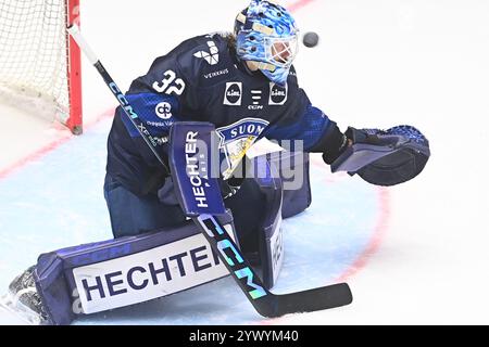 Pardubice, Repubblica Ceca. 12 dicembre 2024. Il portiere Emil Larmi (fin) in azione durante la partita tra Repubblica Ceca e Finlandia degli Swiss Hockey Games, parte dell'Euro Hockey Tour, a Pardubice, Repubblica Ceca, 12 dicembre 2024. Crediti: Josef Vostarek/CTK Photo/Alamy Live News Foto Stock