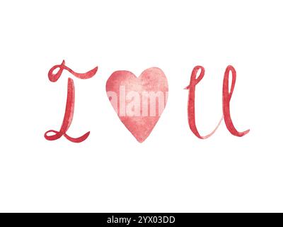 ISCRIZIONE CHE TI AMO. Illustrazione acquerello per San Valentino. Scritta disegnata a mano isolata su sfondo bianco. Elementi di design per camicia Foto Stock