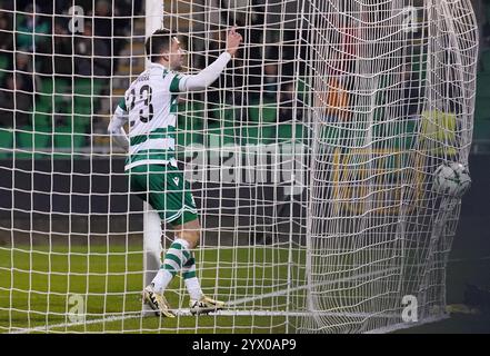 Neil Farrugia degli Shamrock Rovers celebra il secondo gol della loro squadra durante la UEFA Europa Conference League, partita di campionato allo stadio Tallaght di Dublino, Irlanda. Data foto: Giovedì 12 dicembre 2024. Foto Stock