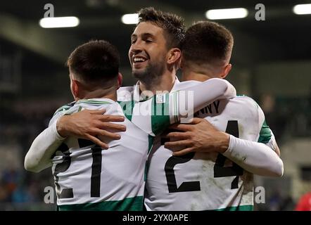 Neil Farrugia degli Shamrock Rovers celebra il secondo gol della loro squadra durante la UEFA Europa Conference League, partita di campionato allo stadio Tallaght di Dublino, Irlanda. Data foto: Giovedì 12 dicembre 2024. Foto Stock