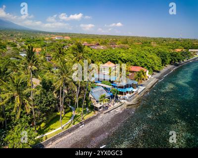 Vista aerea della costa tropicale di un'isola con vegetazione lussureggiante Foto Stock