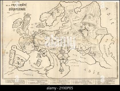 CA 1875 mappa satirica dell'Europa di Yves & Barret - carte de la Fraternite Europeenne. Foto Stock