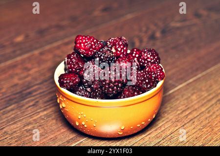 Blackberries fresche in una vivace ciotola arancione su una superficie di legno Foto Stock