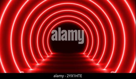 Tunnel ad arco luminoso al neon, camera futuristica con corridoio a LED, sfondo moderno. Illustrazione Vettoriale