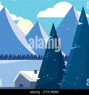 Montagne innevate con alti pini e vettoriale all'alba Illustrazione Vettoriale