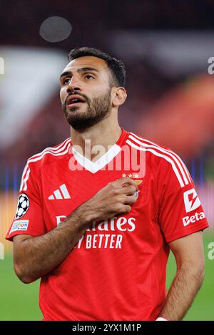 Vangelis Pavlidis ha visto festeggiare dopo aver segnato un gol durante la partita di UEFA Champions League tra le squadre di SL Benfica e Bologna FC 1909 (Maciej Rogows Foto Stock