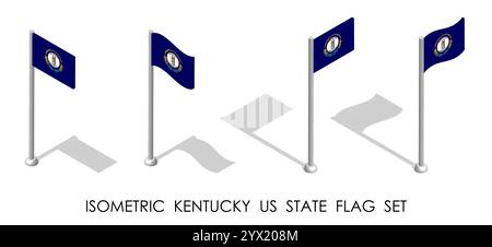 Stato isometrico del Kentucky negli Stati Uniti in posizione statica e in movimento sull'asta di bandiera. Simbolo del pin della mappa del Kentucky. vettore 3d isolato su sfondo bianco Illustrazione Vettoriale