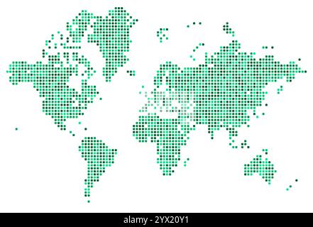 Immagine schematica della mappa del mondo sgranata con continenti in stile ecologico verde. Global World atlas in un design punteggiato a mezzitoni. Semplice vettore punteggiato isolato su wh Illustrazione Vettoriale
