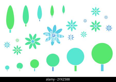 Un insieme di alberi astratti e fiori. Icone della natura geometrica. Collezione dalle forme semplici e minimaliste, verde calmo, blu Illustrazione Vettoriale