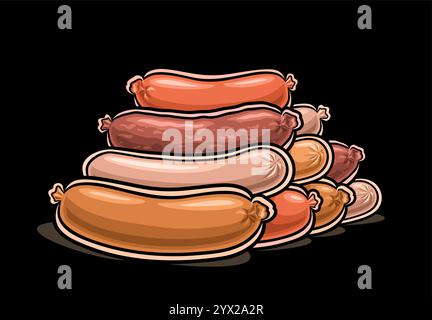 Logo Vector per salsicce fresche, poster orizzontale con disegno a cartone animato composizione di salsicce naturali cotte, cartello decorativo con salsicce biologiche Illustrazione Vettoriale