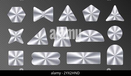 Confezione di adesivi in argento, etichette metalliche, nastro di carta lucida in varie forme. Illustrazione Vettoriale