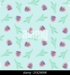 Rami e coni di abete rosso. Motivo acquerello Foto Stock