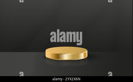 Elegante podio nero con sfondo nero per l'esposizione di prodotti di lusso, presentazioni in showroom e moderni mockup 3D. Illustrazione Vettoriale