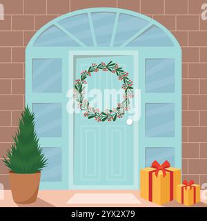 Facciata natalizia con porta e finestre Illustrazione Vettoriale