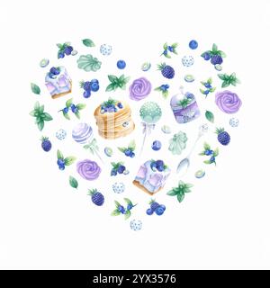 Composizione a forma di cuore con pancake, torte, mirtillo, mora, marshmallow nei colori viola e verde. Disegna a mano un'illustrazione isolata ad acquerello per un romantico biglietto di auguri di San Valentino. Foto Stock