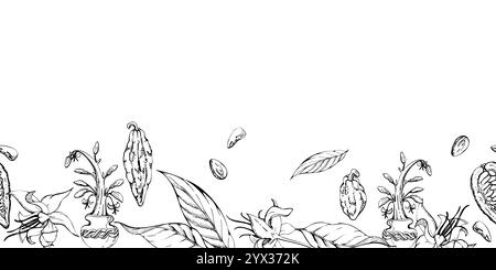 Caffè cacao chicchi di cacao, fiori, foglie cialde di semi, albero stilizzato. Stabilimento Maya azteco messicano. Illustrazione del vettore di inchiostro disegnato a mano. Banner senza interruzioni Illustrazione Vettoriale