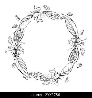 Caffè cacao chicchi di cacao, fiori, foglie cialde di semi, albero stilizzato. Stabilimento Maya azteco messicano. Illustrazione del vettore di inchiostro disegnato a mano. Corona isolata Illustrazione Vettoriale