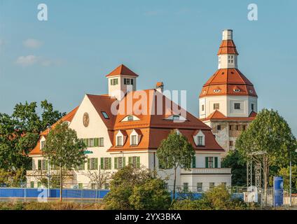 Ingresso al centro fieristico di Dresda negli edifici dell'ex macello, Sassonia, Germania Foto Stock