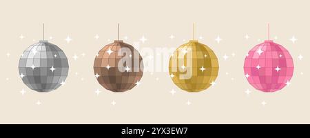 Set di balli da discoteca, sfera scintillante per feste di musica retrò, simbolo dell'anno nuovo. Illustrazione vettoriale in stile piatto Illustrazione Vettoriale