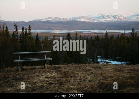 Panca per picnic con vista sulle Snowy Mountains Foto Stock