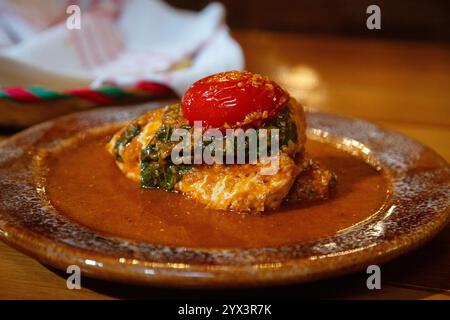 La mole de segueza con pollo è una ricetta tradizionale di Oaxaca, fatta con granturco giallo, pitiona e peperoncino guajillo, tra gli altri ingredienti. Foto Stock