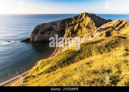 Vista su Man o'War Beach nel Dorset guardando verso ovest all'alba. Foto Stock