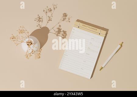 Layout alla moda realizzato con pianificatore quotidiano, penna e vaso bianco con fiori secchi su sfondo color crema pastello. Concetto creativo minimale. Posizione piatta, vista superiore Foto Stock