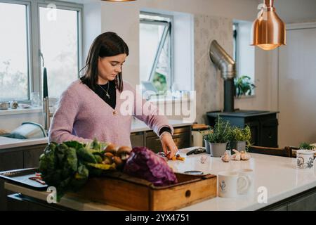 Una donna sta tagliando verdure su un bancone in cucina. Il bancone è ricoperto di vari oggetti, tra cui una ciotola di broccoli, una pianta in vaso, un Foto Stock