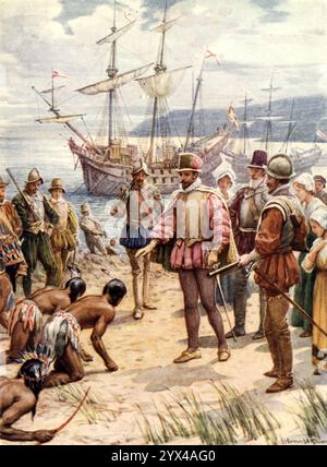 Sir Walter Raleigh Landing in Virginia, c1900. I nativi americani raffiguravano prostrarsi agli invasori europei. "È", dice il professor Laughton, "a Raleigh [questo] appartiene il merito di aver, primo degli inglesi, sottolineato la strada per la formazione di una grande Inghilterra oltre i mari, ma non ha avuto alcuna partecipazione personale nelle spedizioni, e non è mai stato in tutta la sua vita vicino alla costa della Virginia". Da "Heroes of History", di Alfred H. Miles, illustrato da Howard DAVIE [Raphael Tuck &amp; Sons Ltd, Londra] Foto Stock