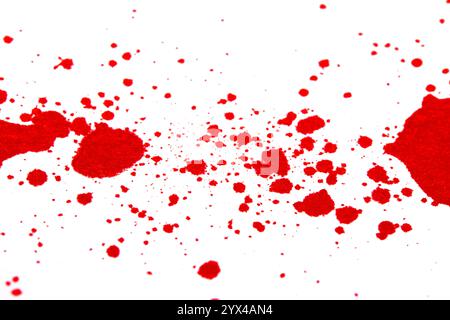 Il rosso schizzi di sangue gocciola e cade su sfondo bianco Foto Stock