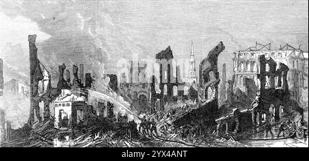 Il grande incendio a Boston: Vista delle rovine, da Pearl-Street, 1872. Illustrazione di danni dopo '...il grande incendio, che ha distrutto quasi tutta la parte commerciale di Boston, Stati Uniti, sabato 9 e domenica, il 10 novembre...Pearl-Street...era il più grande mercato di scarpe e stivali del mondo, quasi ogni casa era occupata da importatori o commercianti di quella classe di merci. [La vista], dalle fotografie e dagli schizzi che sono arrivati con l'ultima posta... è che guardando in fondo a questa strada, verso Pearl-Street Wharf e Liverpool Wharf. Le altre strade... erano principalmente devo Foto Stock