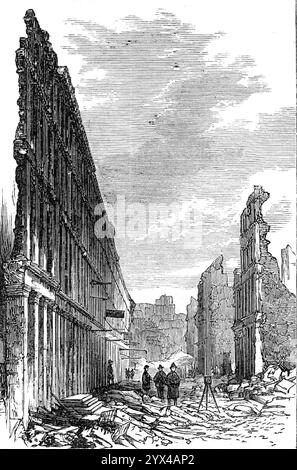 Il grande incendio a Boston: Pearl-Street, 1872. Illustrazione di danni dopo '...il grande incendio, che ha distrutto quasi tutta la parte commerciale di Boston, Stati Uniti, sabato 9 e domenica, il 10 novembre...Pearl-Street...era il più grande mercato di scarpe e stivali del mondo, quasi ogni casa era occupata da importatori o commercianti di quella classe di merci. [La vista], dalle fotografie e dagli schizzi che sono arrivati con l'ultima posta... è che guardando in fondo a questa strada, verso Pearl-Street Wharf e Liverpool Wharf. Le altre strade... erano principalmente dedicate al commercio di &quo Foto Stock