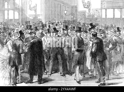 Membri dell'Assemblea nazionale francese di ritorno da Parigi a Versailles, 1872. "L'ansia che ha prevalso, durante le ultime due settimane, sul risultato della dura lotta parlamentare tra M. Thiers e il partito conservatore nell'Assemblea nazionale... suscita un forte interesse per la scena presentata nella nostra illustrazione, vale a dire... l'arrivo di un certo numero di membri dell'Assemblea al capolinea ferroviario di St. Lazare... tra la folla di onorevoli deputati... che sono accolti, come al solito, da una folla di chiacchierose pettegolezzi politici o piangenti, la figura più importante è quella di Gene Foto Stock