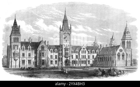 Nuovi edifici della Charterhouse School a Godalming, 1872. "La rimozione della Charterhouse School dal suo vecchio sito in Charterhouse-Square... al sano quartiere rurale di Godalming, a trentaquattro miglia a sud di Londra, è un cambiamento molto vantaggioso... il sito dei nuovi edifici scolastici, che sono stati costruiti su progetto dell'architetto, Philip Hardwick, si trova sul terreno alto a un miglio a nord-ovest di Godalming... circondato da piacevoli boschi. Gli edifici consistono in un gruppo irregolare di due quadrangoli o corti, con sala e cappella, e sale scuola e conferenze con bagno privato. Foto Stock