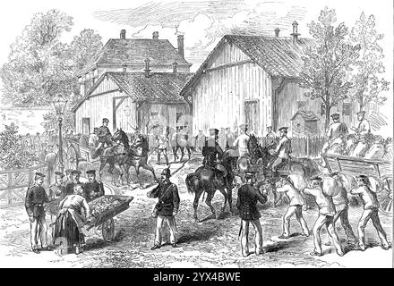 Caserma delle truppe tedesche a Reims, [Francia], 1872. "L'ingente somma di denaro messa in mano dal governo provvisorio francese grazie al grande prestito pagherà il resto della pesante ammenda inflitta a quel paese dai tedeschi e libererà il suo suolo dall'occupazione militare straniera nel corso del prossimo anno. Il graduale ritiro delle truppe tedesche da alcuni dei dipartimenti in cui erano state divise dopo la conclusione della guerra [franco-prussiana] è stato percepito come un sollievo per i sentimenti della popolazione locale. Solo nella città di Reims, dove tre o fo Foto Stock