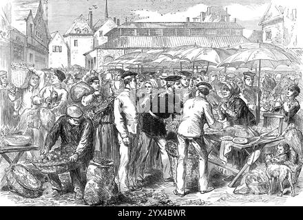 Soldati tedeschi che commercializzano a Reims, 1872. "L'ingente somma di denaro messa in mano dal governo provvisorio francese grazie al grande prestito pagherà il resto della pesante ammenda inflitta a quel paese dai tedeschi e libererà il suo suolo dall'occupazione militare straniera nel corso del prossimo anno. Il ritiro graduale delle truppe tedesche da alcuni dei dipartimenti in cui erano divise dopo la conclusione della guerra [franco-prussiana] è stato sentito come un sollievo per i sentimenti della popolazione locale...i soldati erano abituati ad andare al mercato per questo veget Foto Stock