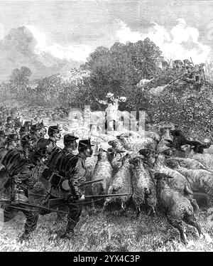 La campagna d'autunno: Avanzata dei Connaught Rangers, 1872. "Continuiamo la serie delle nostre illustrazioni delle manovre [British Army] eseguite nel Wiltshire da due divisioni di truppe regolari, milizie e volontari, ciascuna di quasi 15.000 uomini, sotto i comandi rispettivamente del generale Sir Robert Walpole e del generale Sir John Michel. Il primo, la cui forza è denominata Northern Army, o Armata della difesa, si era spostato dal suo quartier generale a Pewsey per incontrare il secondo, il cui esercito meridionale, che rappresentava quello di un invasore straniero, aveva marciato da Blan Foto Stock