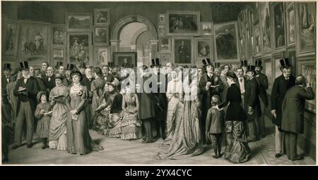 Vista privata presso la Royal Academy, 1881, (2 febbraio 1885). Fotografia dopo un dipinto di William Powell Frith, raffigurante l'apertura della Royal Academy 1881 Summer Exhibition presso Burlington House a Londra. Frith ha scritto: "Oltre il desiderio di registrare per i posteri la mania estetica per quanto riguarda l'abbigliamento, ho voluto colpire la follia di ascoltare i critici auto-eletti in materia di gusto, sia in abito che in arte. Ho quindi pianificato un gruppo, composto da un noto apostolo del bello [cioè Oscar Wilde], con un branco di adoratori ansiosi che lo circondano". A parte Wilde, ot Foto Stock